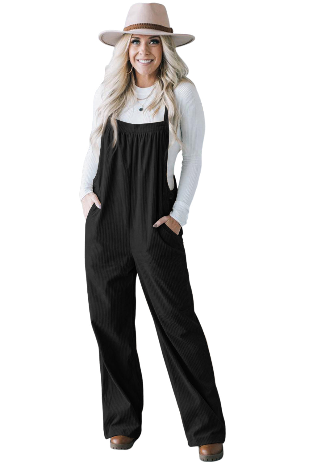 Black Solid Pocketed Loose Fit Corduroy Overall