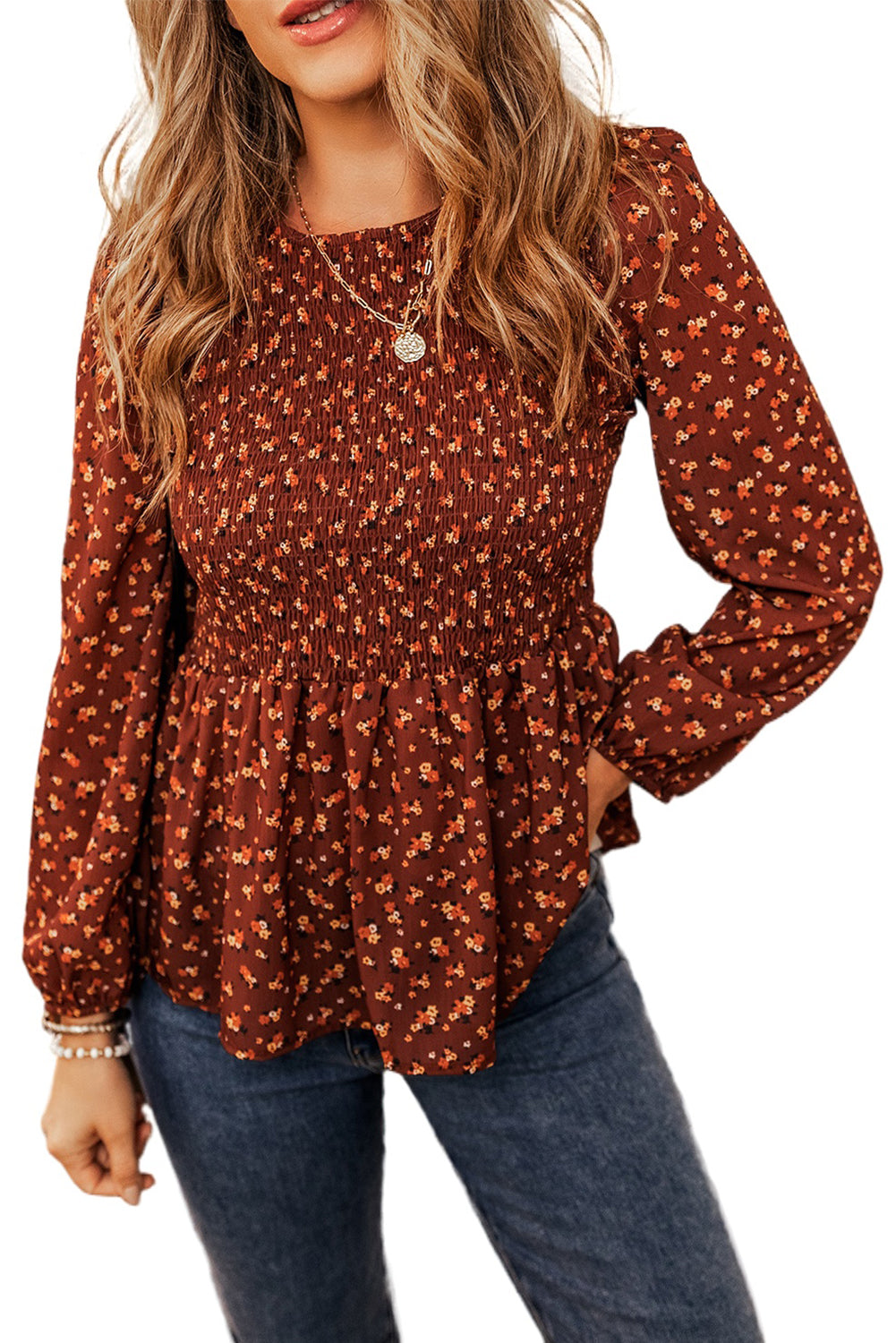 Boho Floral Smocked Bust Ruffled Peplum Blouse